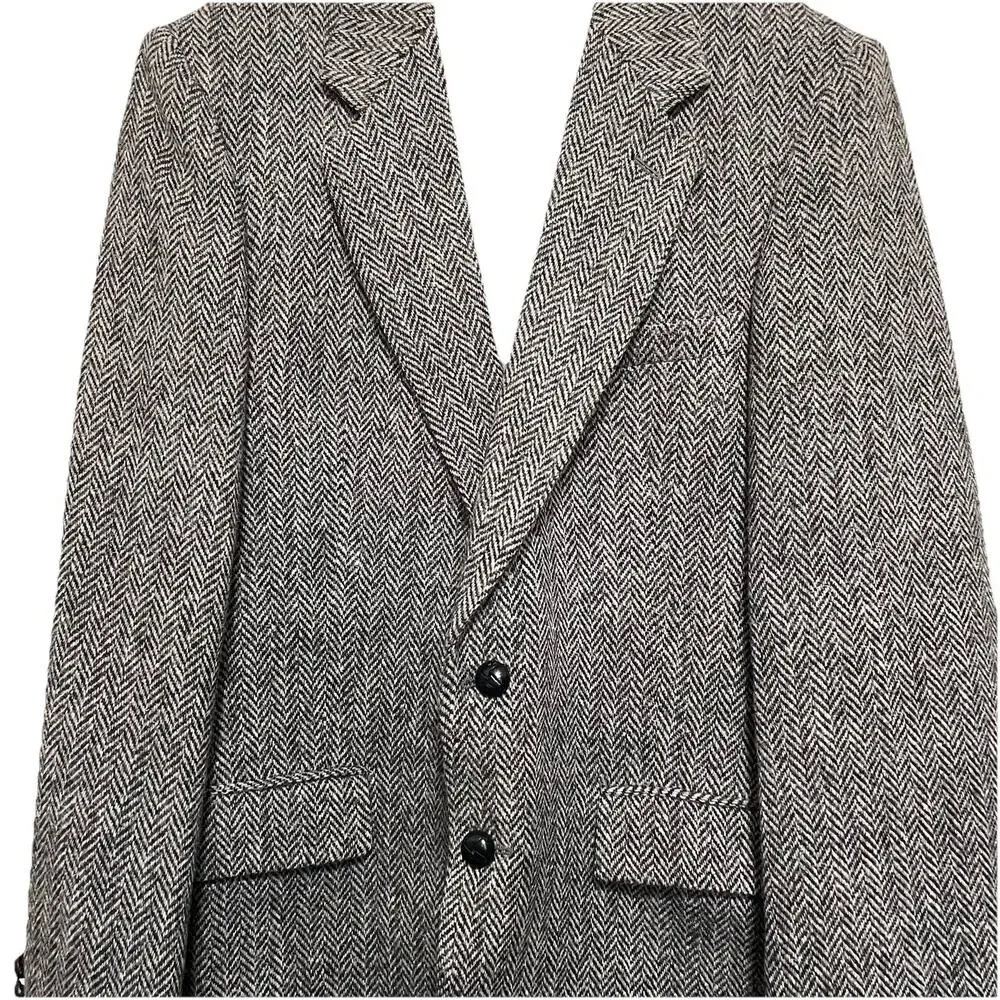 VTG Harris Tweed‎ Sport Coat Blazer Jacket Size 41 Gray Herringbone Wool